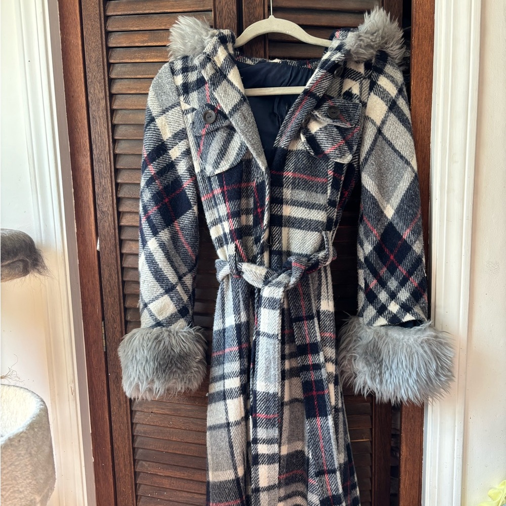 Vintage Plaid Penny Lane Belted Coat with Faux Fur Cuffs and Hood